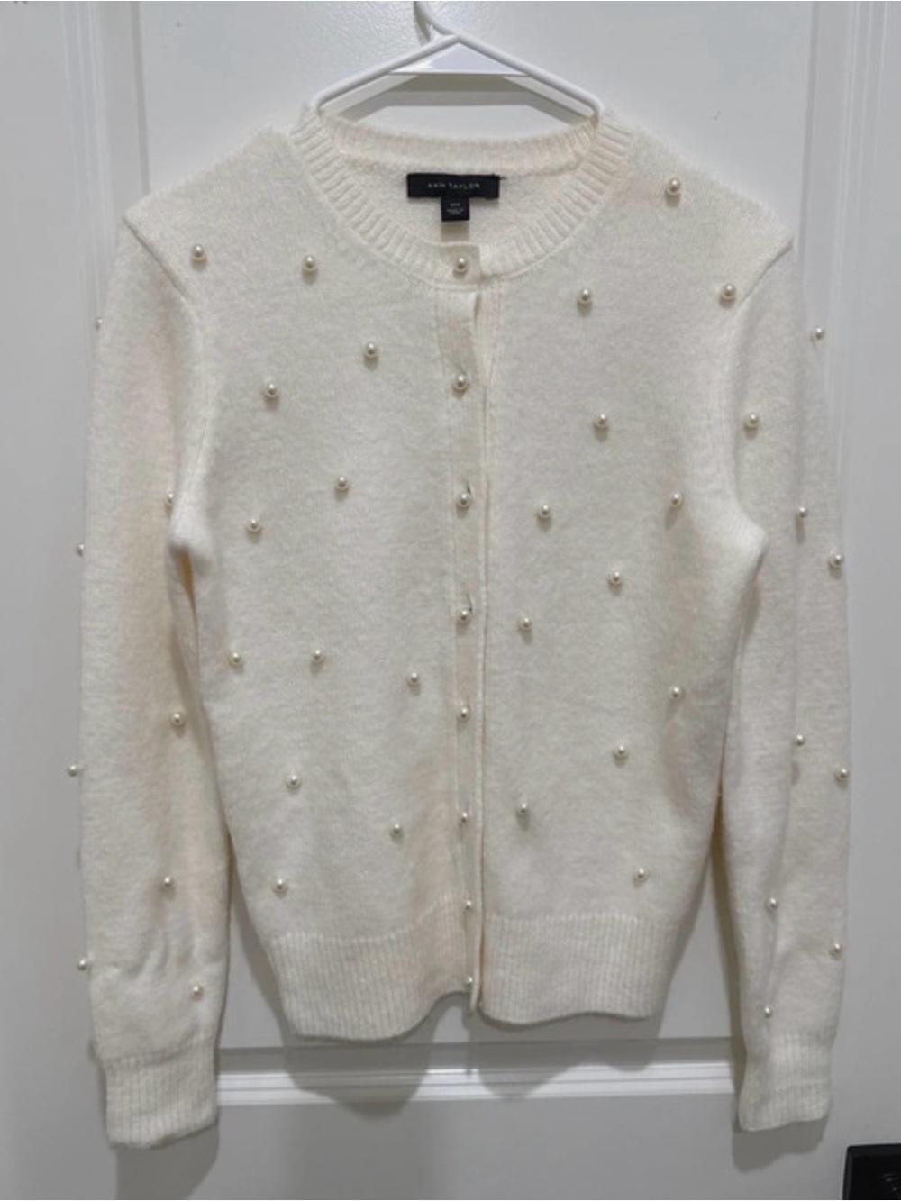 Ann Taylor Cream Pearl-Embellished Crewneck Cardigan